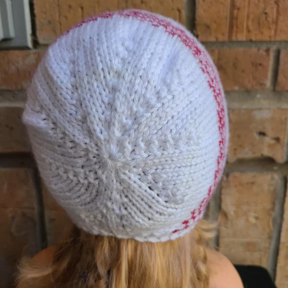 Baby Girl Knit Hat Bonnet White Red Front Tie Handmade Size 5-9 Months